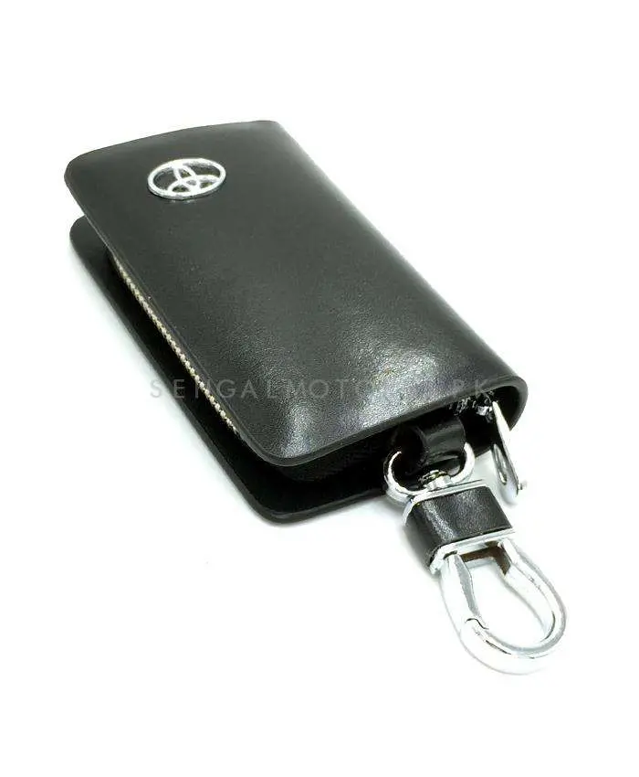 Toyota Glossy Leather Key Cover Pouch Black With Keychain Ring 2