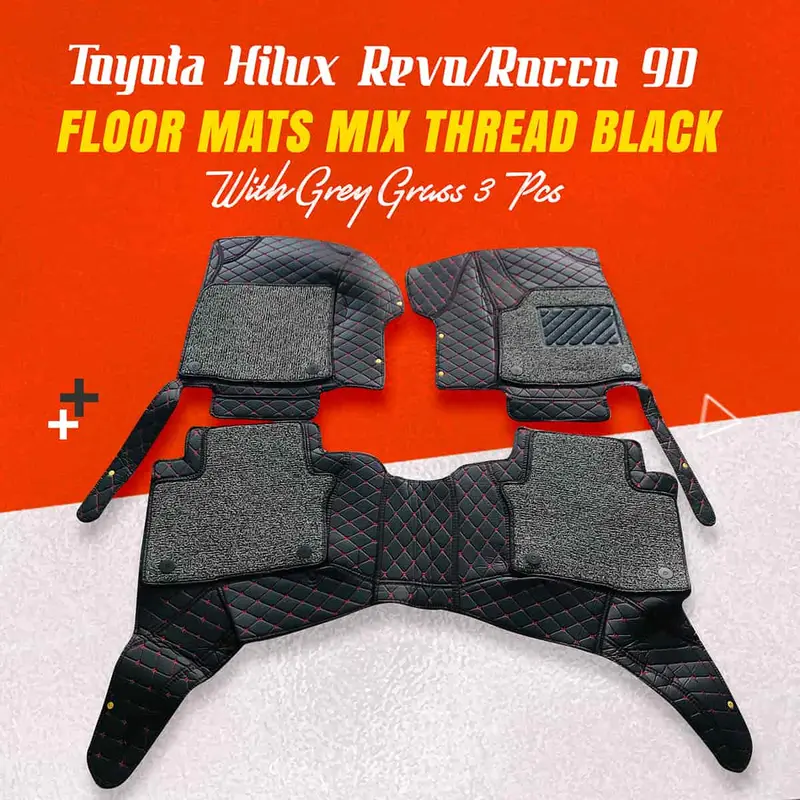 Toyota Hilux Revo/Rocco 9D Floor Mats Mix Thread  3 Pcs - Black With Grey Grass 1
