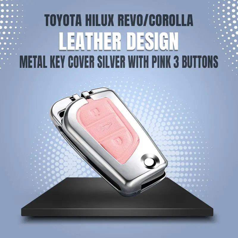 Toyota Hilux Revo/Rocco/Corolla Leather Design Metal Case Cover - 3 Buttons - Silver With Pink 1