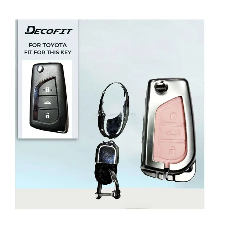 Toyota Hilux Revo/Rocco/Corolla Leather Design Metal Case Cover - 3 Buttons - Silver With Pink 2