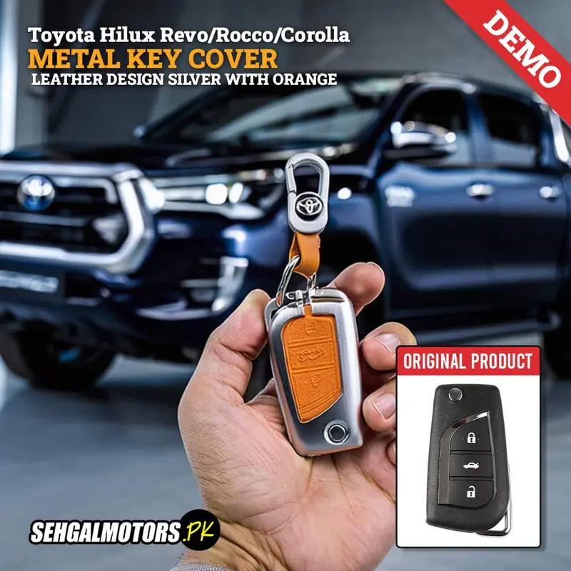 Toyota Hilux Revo/Rocco/Corolla Leather Design Metal Key Cover Silver With Orange 3 Buttons 1