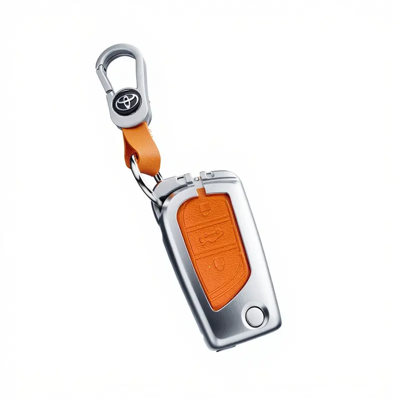 Toyota Hilux Revo/Rocco/Corolla Leather Design Metal Key Cover Silver With Orange 3 Buttons 2