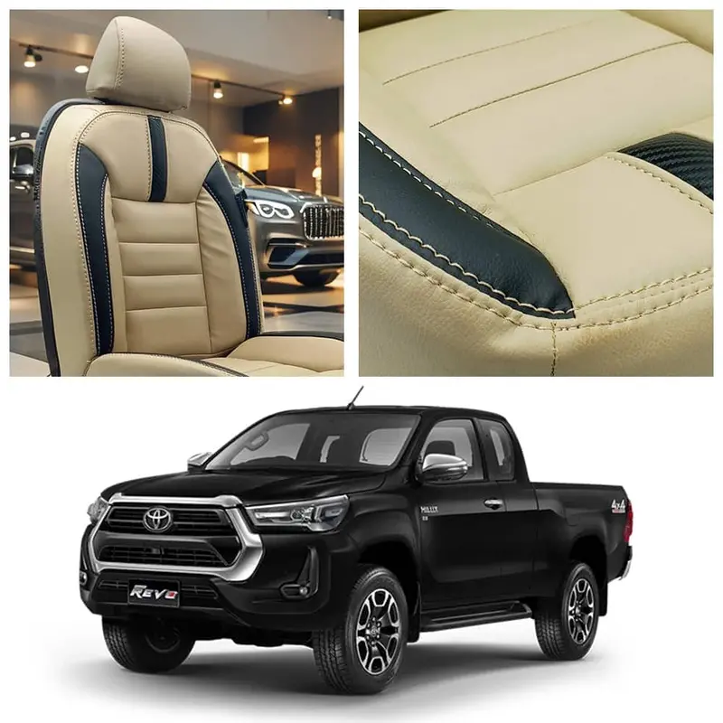Toyota Hilux Revo/Rocco Hockey Design Beige Black Seat Covers - 2016-2025 1