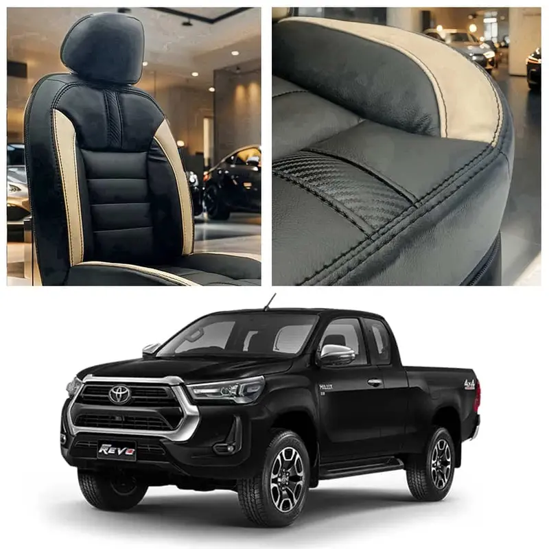 Toyota Hilux Revo/Rocco Hockey Design Black Beige Seat Covers - 2016-2025 1