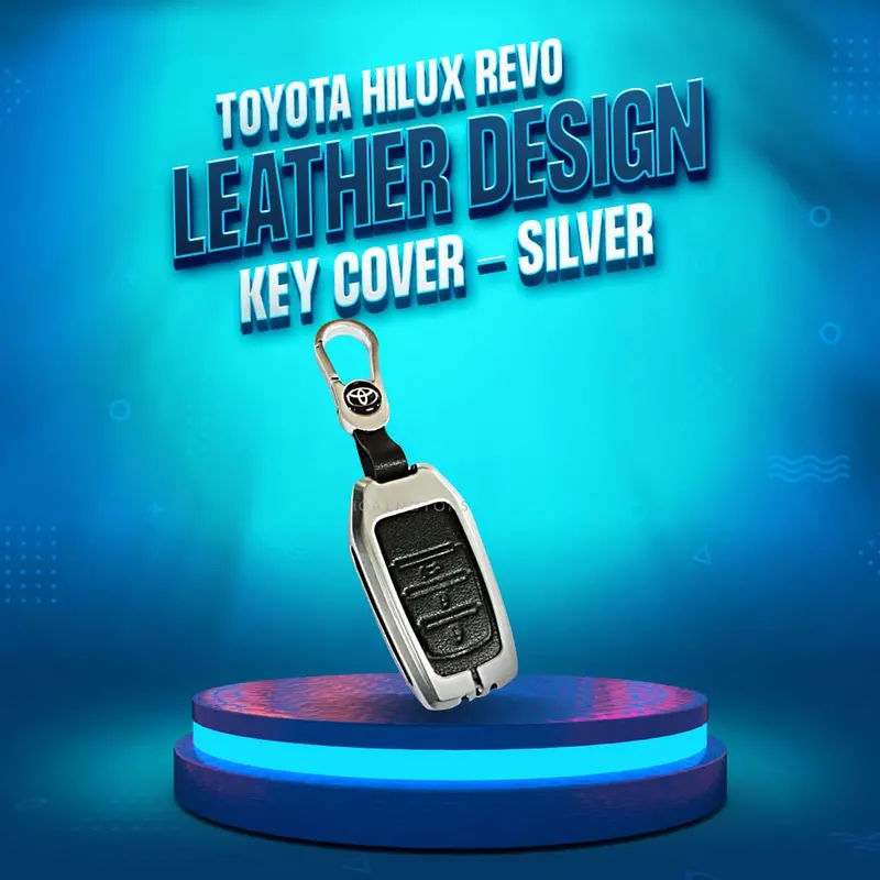 Toyota Hilux Revo/Rocco Leather Design Metal Key Cover Silver With Black 3 Buttons 1