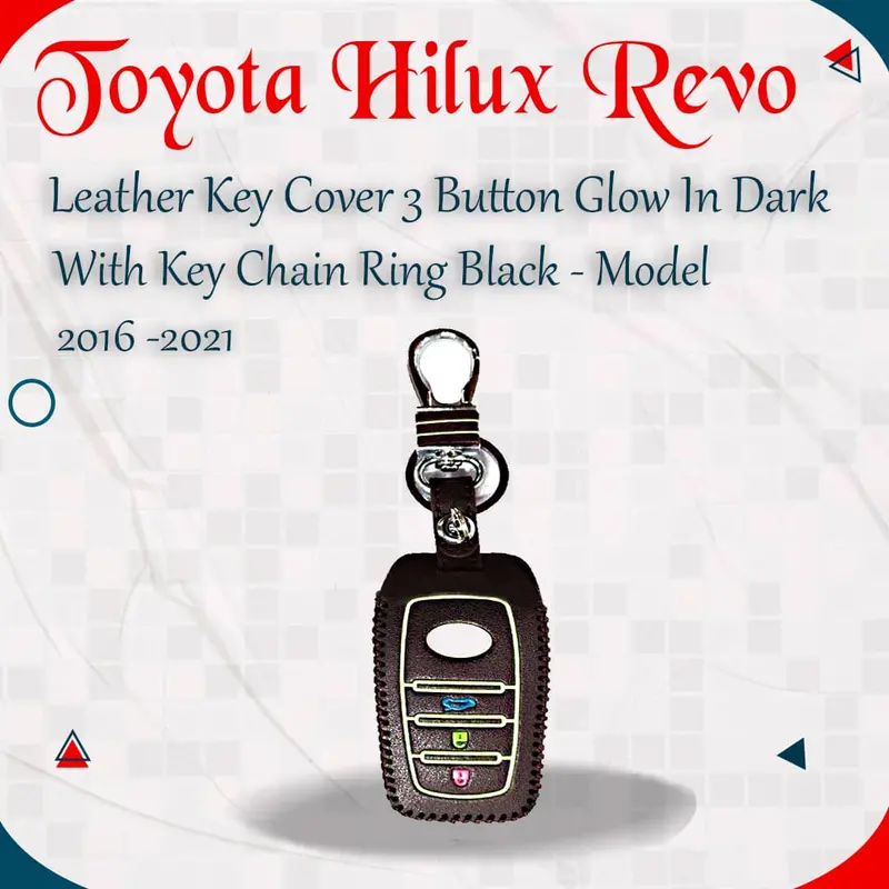 Toyota Hilux Revo/Rocco Leather Key Cover Glow In Dark With Key Chain - - 3 Button - Ring Black 1