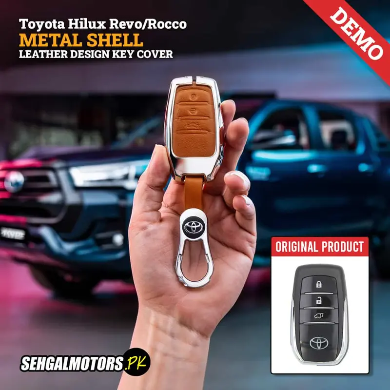 Toyota Hilux Revo/Rocco Metal Key Case Cover Silver With Orange - 3 Button - Leather Design - Replacement Casing 1