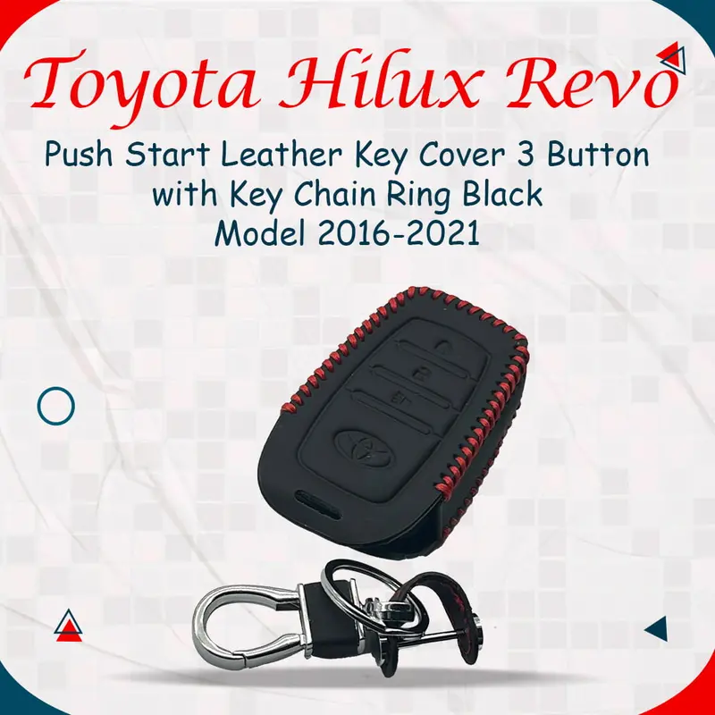 Toyota Hilux Revo/Rocco Push Start Leather Key Cover With Keychain - Ring Black - 3 Button 1