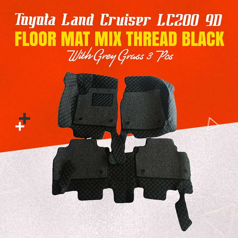 Toyota Land Cruiser Lc200 9D Floor Mats 3 Pcs 2016 - 2020 - Mix Thread Black With Grey Grass 1