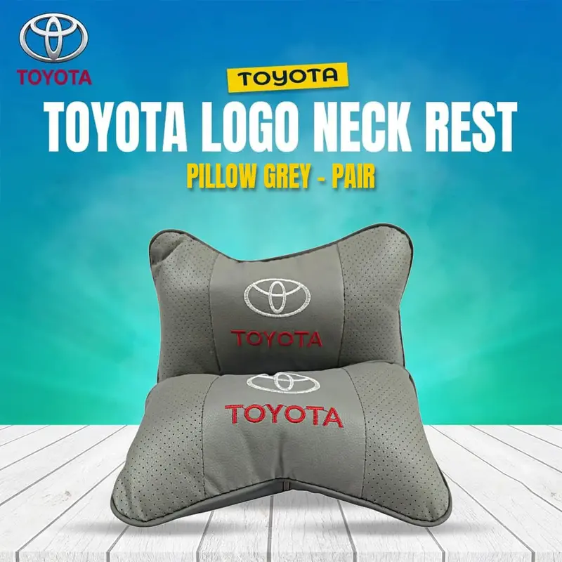 Toyota Logo Leather Neck Rest Headrest Pillow Grey Color - Pair - Premium Car Cushion For Extra Comfort 1