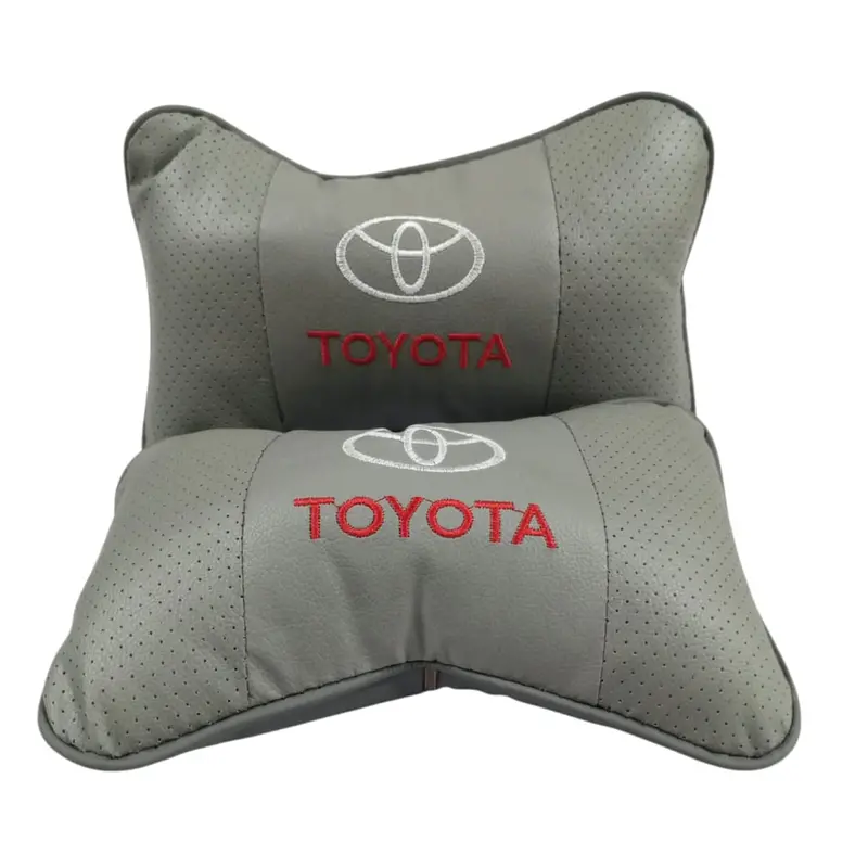 Toyota Logo Leather Neck Rest Headrest Pillow Grey Color - Pair - Premium Car Cushion For Extra Comfort 2