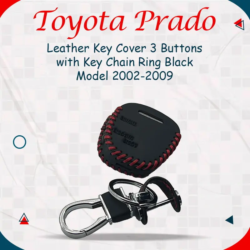 Toyota Prado Leather Key Cover 3 Buttons With Key Chain 2002 - 2009 - - Ring Black 1
