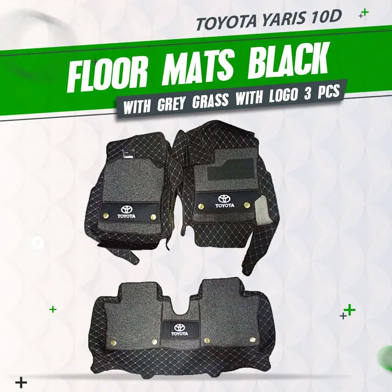 Toyota Yaris 10D Floor Mats Black With Grey Grass With Logo 3Pcs - - Mix Thread 1