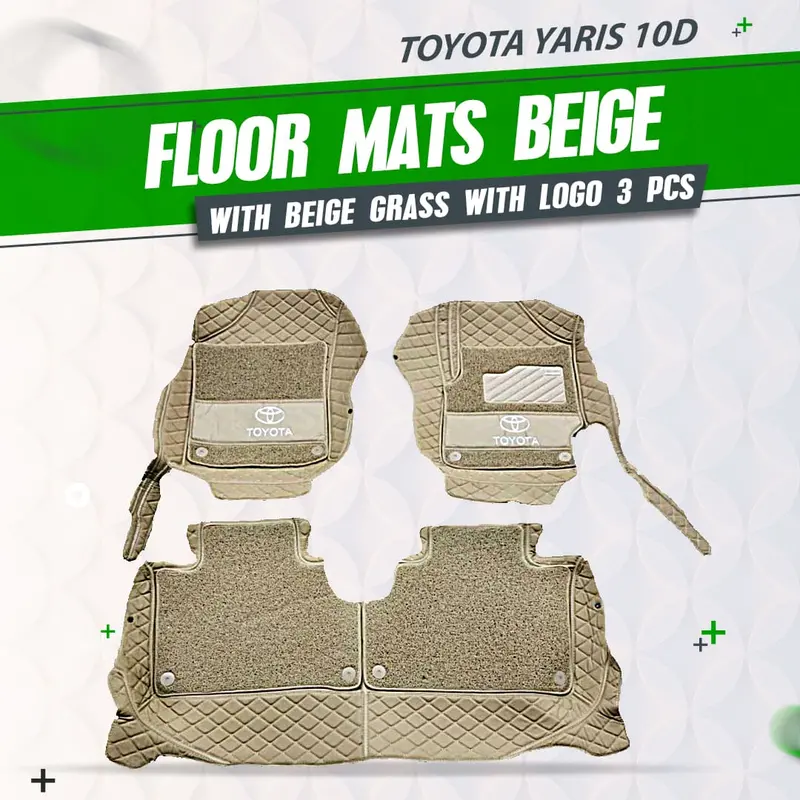 Toyota Yaris 10D Floor Mats - Mix Thread Beige 3Pcs 2020-2024 - - With Beige Grass With Logo 1