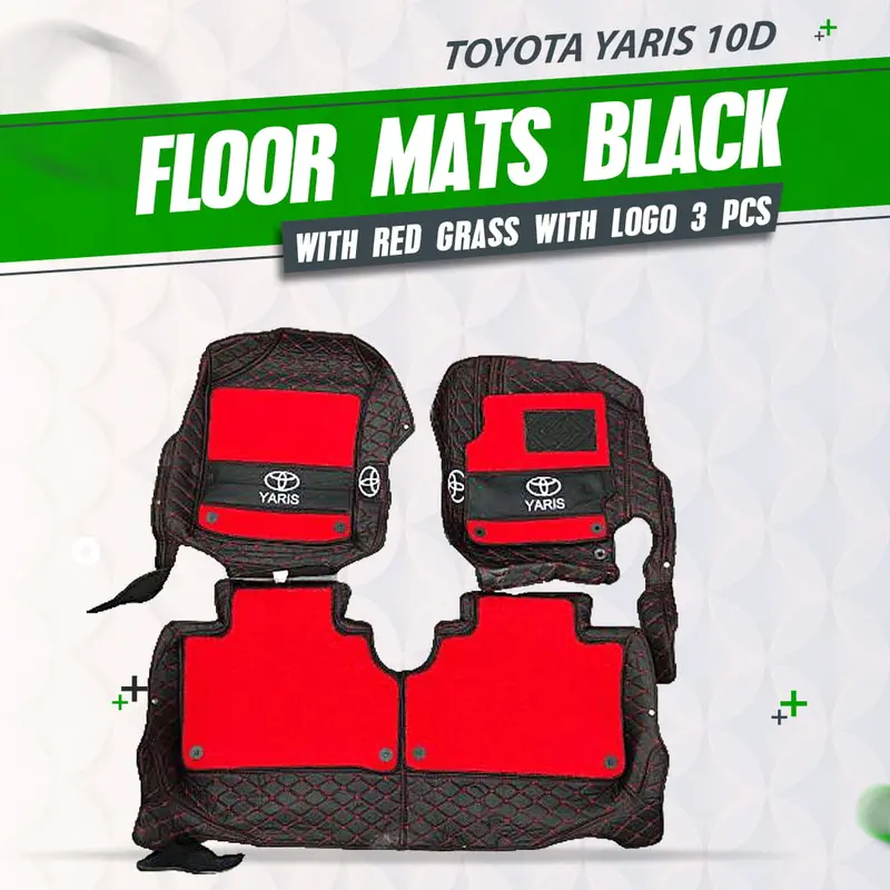 Toyota Yaris 10D Floor Mats -Mix Thread Black With Red Grass 2020-2024 - - With Logo  -  3 Pcs Set 1