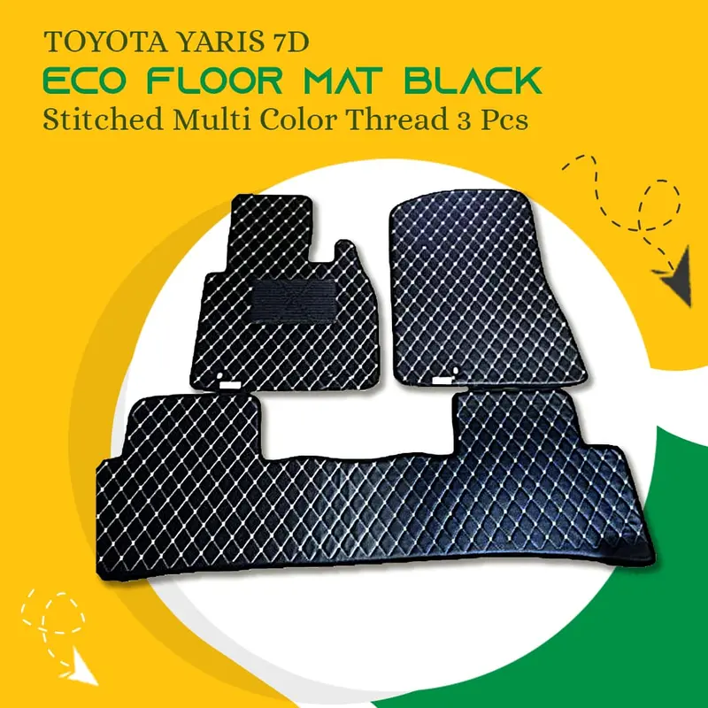 Toyota Yaris 7D Eco Floor Mat Black Stitched Multi Color Thread 3 Pcs - Model 2020-2021 1