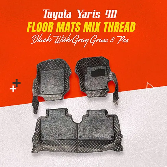 Toyota Yaris 9D Floor Mats Mix Thread Grass 3 Pcs - Model 2020-2021 - Black With Gray 1
