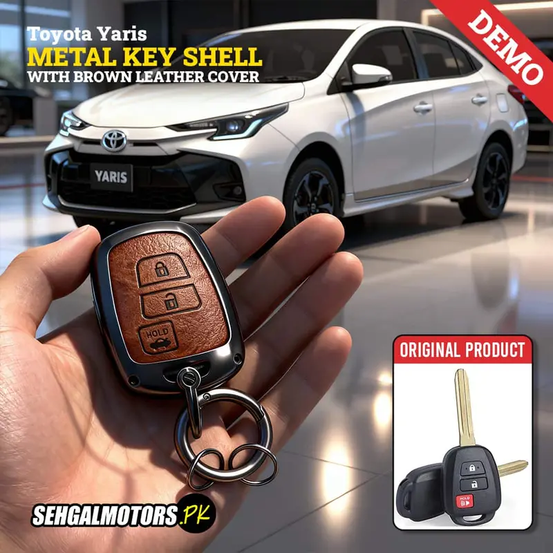 Toyota Yaris Metal Key Shell Case Cover With Brown Leather 2020-2021 - Replacement Casing 1