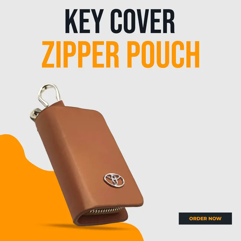 Toyota Zipper Glossy Leather Key Cover Pouch Brown With Keychain Ring 1