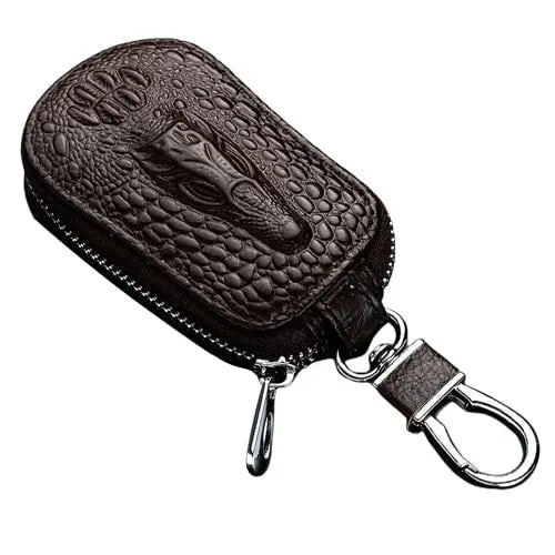 Universal Crocodile Face Style Zipper Matte Leather Key Cover Pouch - With Keychain Ring Brown 2