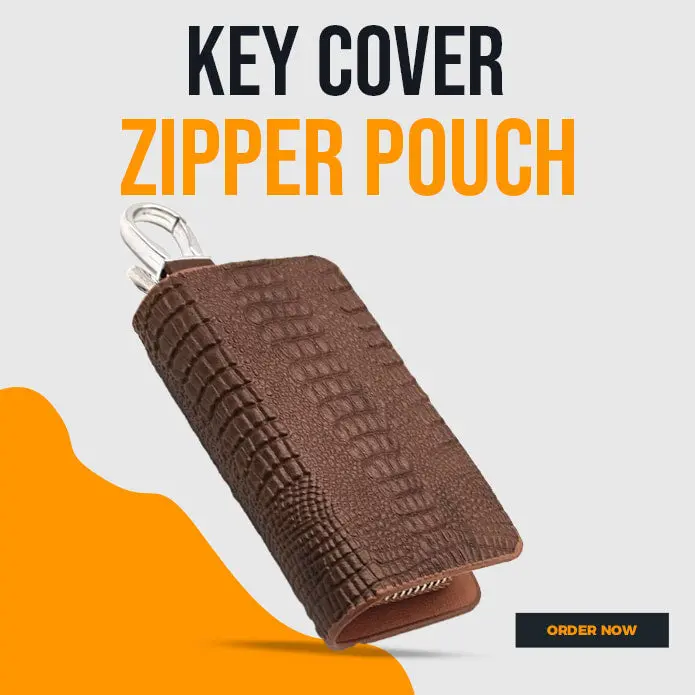 Universal Crocodile Style Zipper Matte Leather Key Cover Pouch Brown W - Ring 1