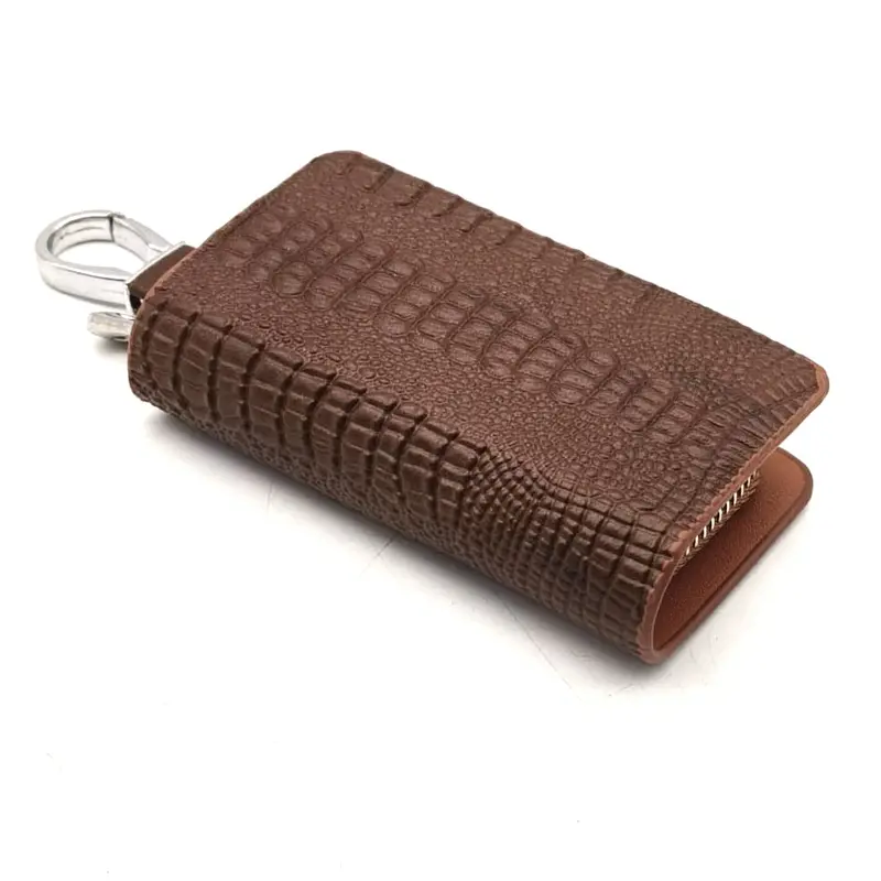 Universal Crocodile Style Zipper Matte Leather Key Cover Pouch Brown W - Ring 2