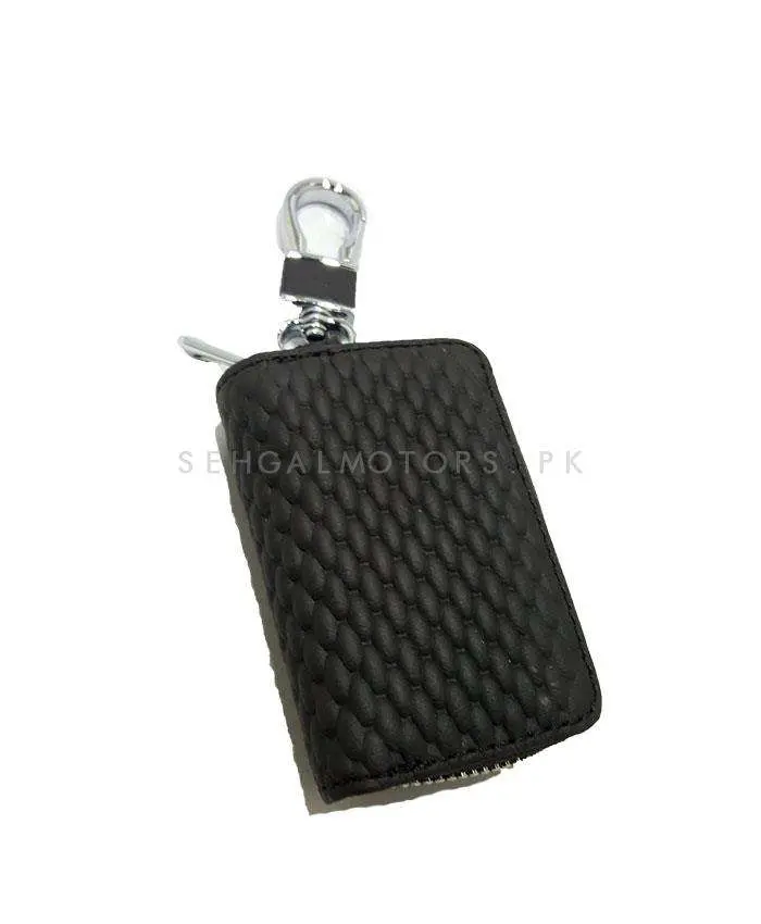 Universal Grass Zipper Matte Leather Key Cover Pouch Black With Keychain Ring 2