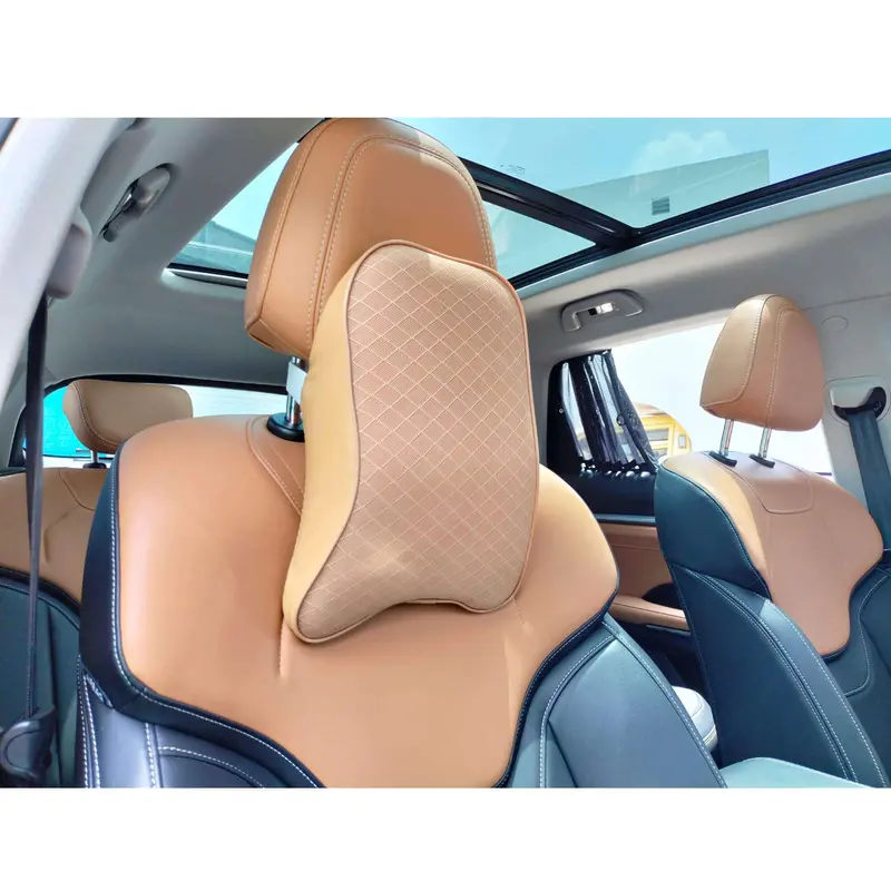 Universal Leather Style Diamond Stitch Car Neck & Headrest Cushion - Beige 2
