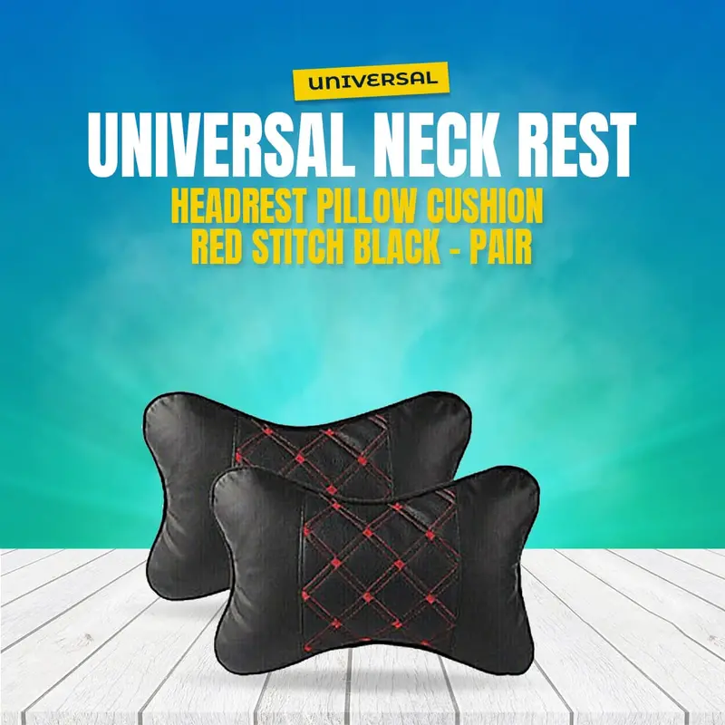 Universal Neck Rest Headrest Pillow Cushion Red Stitch Black - Pair 1