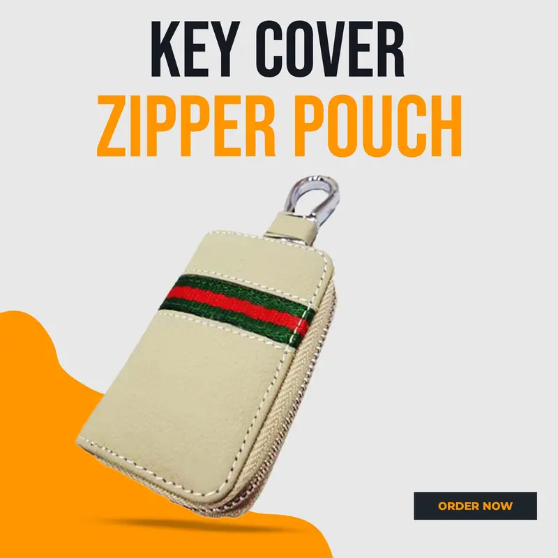 Universal Zipper Matte Leather Key Cover Pouch Beige With Keychain - Ring 1