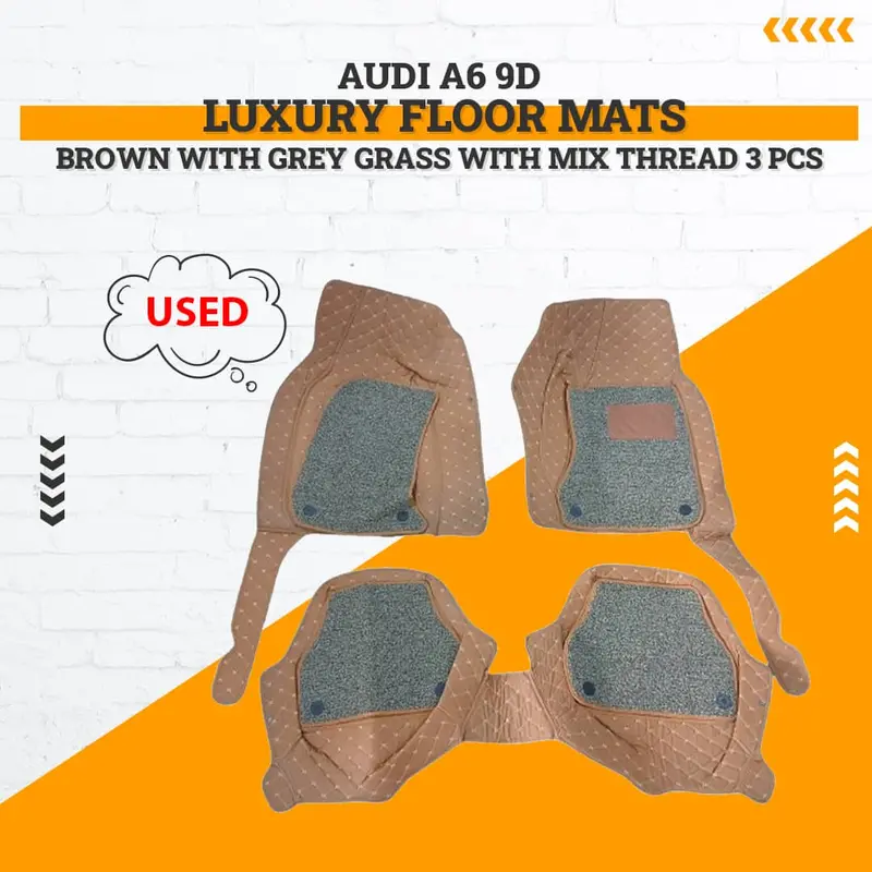 Used Audi A6 9D Luxury Floor Mats Brown With Grey Grass With Mix Thread  3 Pcs 2011 - 2021 - Damage 1
