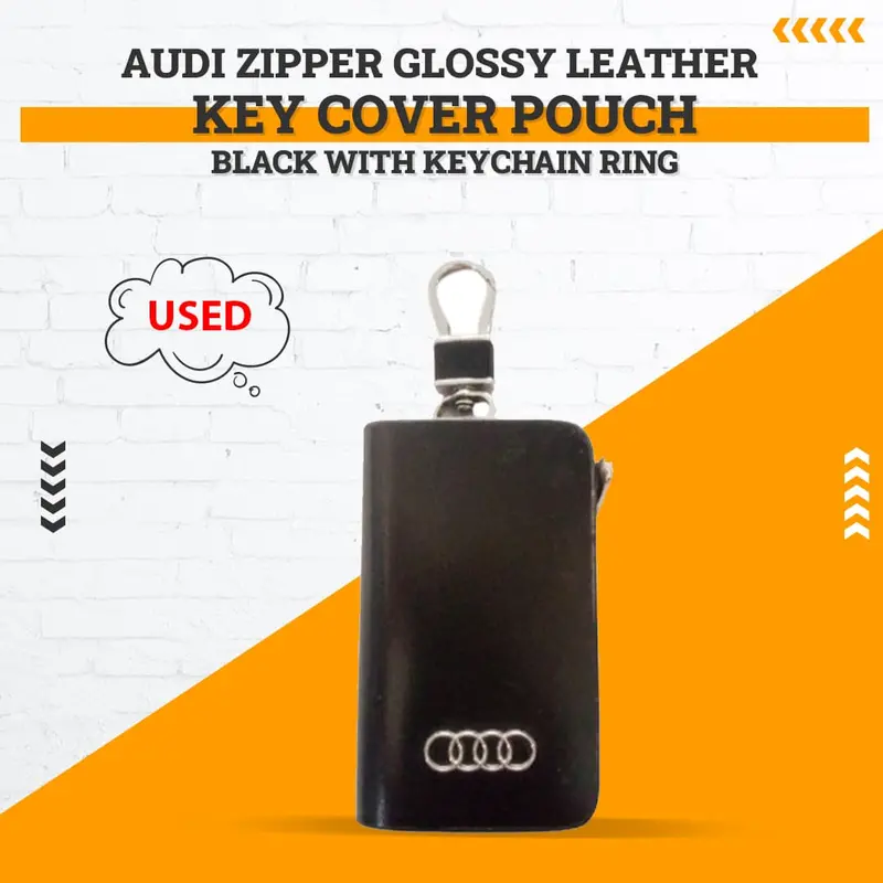 Used Audi Zipper Glossy Leather Key Cover Pouch - Black With Keychain Ring 1
