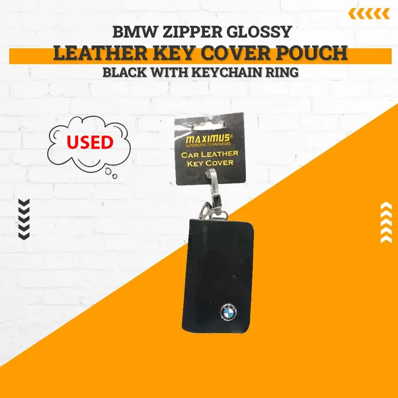 Used Bmw Zipper Glossy Leather Key Cover Pouch Black With Keychain Ring - Rough Condition 1