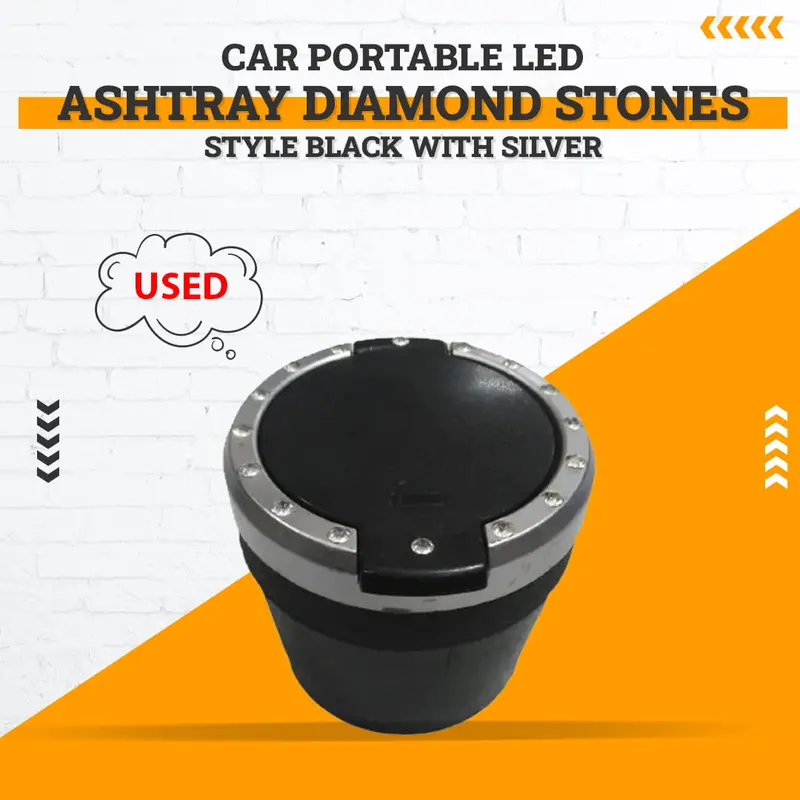 Used Car Portable Led Ashtray Diamond Stones Style Black With Silver - (Led And Cap Issue) 2