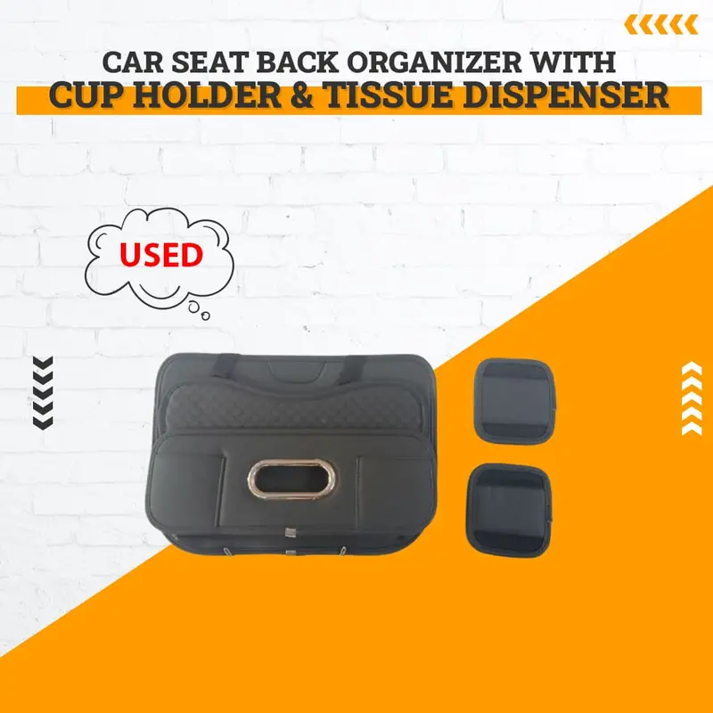 Used Car Seat Back Organizer With Cup Holder & Tissue Dispenser - Damage 1