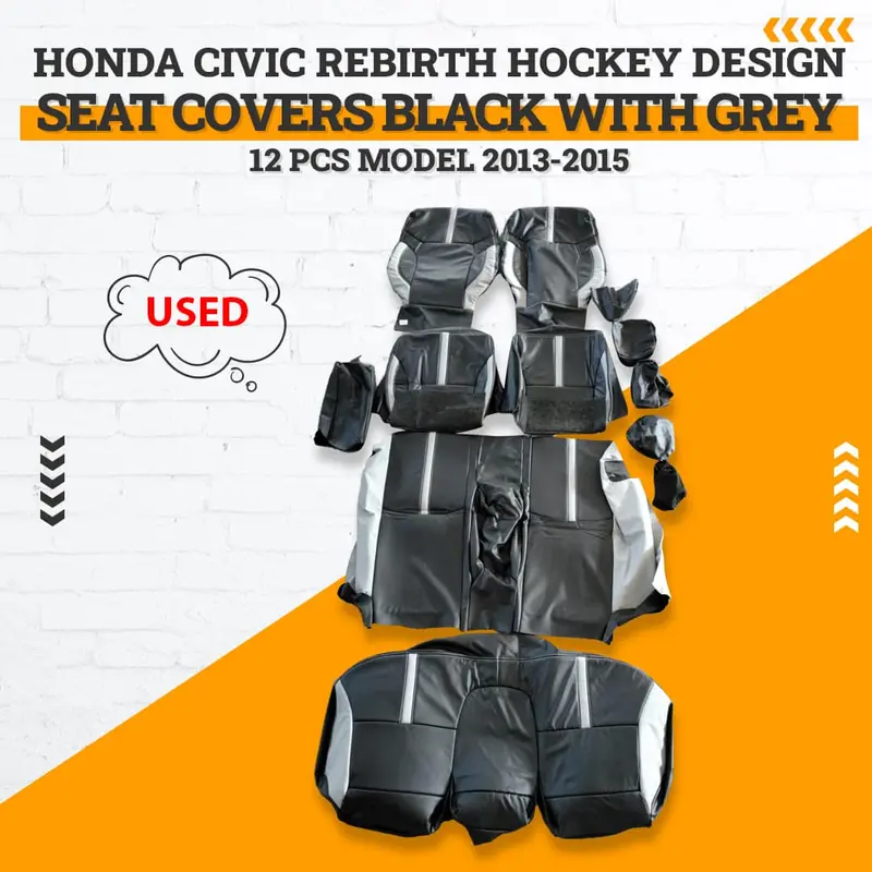 Used Honda Civic Rebirth Hockey Design Seat Covers 2013 - 2015 - Black With Grey 12 Pcs 1