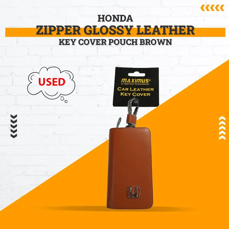 Used Honda Zipper Glossy Leather Key Cover Pouch Brown With Keychain Ring 1