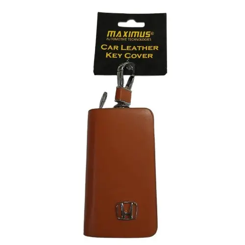 Used Honda Zipper Glossy Leather Key Cover Pouch Brown With Keychain Ring 2
