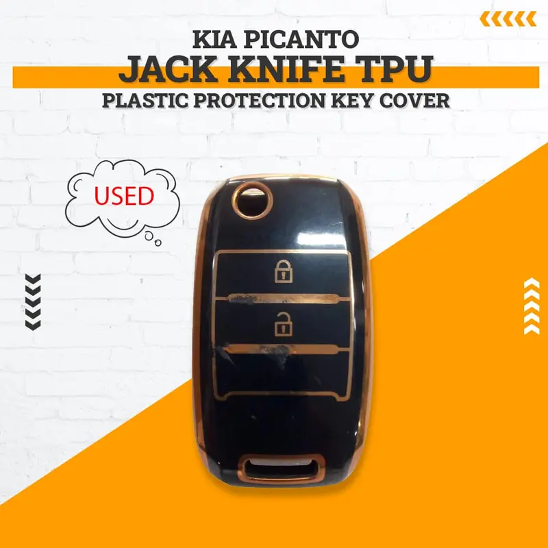 Used Kia Picanto Jack Knife Tpu Plastic Key Cover Black With Golden 2019 - 2025 - 2 Buttons 1