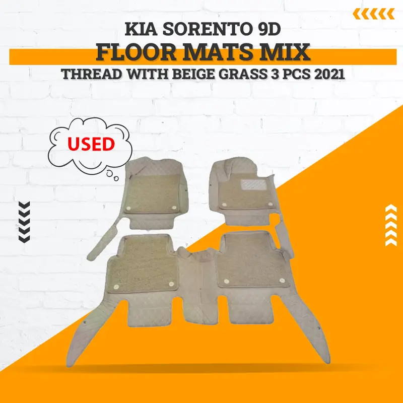 Used Kia Sorento 9D Floor Mats With Beige Grass 3 Pcs 2021 - 2024 - - Mix Thread (Minor Damage On Edges) 1