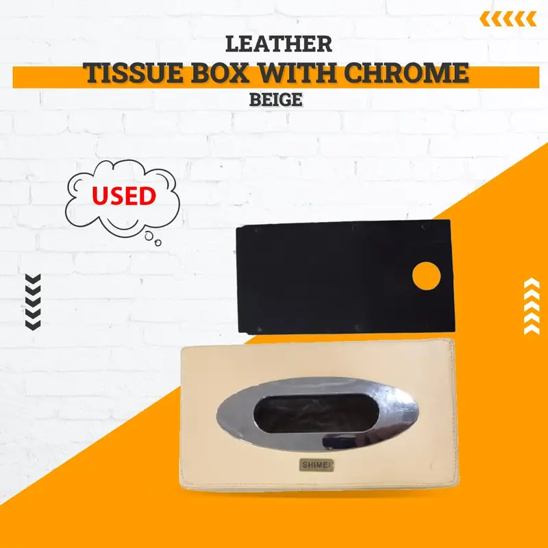 Used Leather Tissue Box With Chrome -Beige A70347 - (Base Lock Damage) 1
