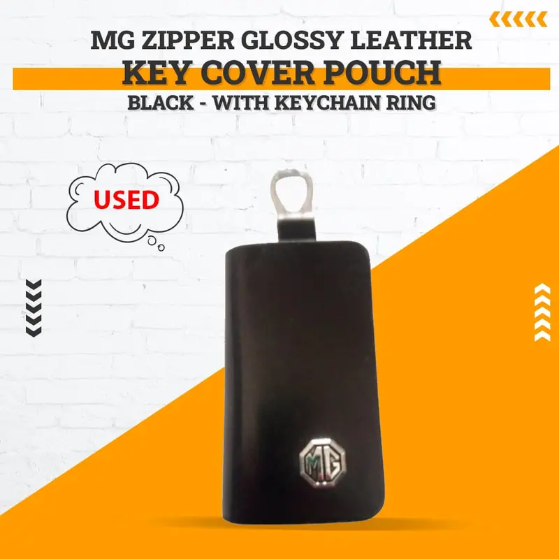 Used Mg Zipper Glossy Leather Key Cover Pouch Black - With Keychain Ring 1