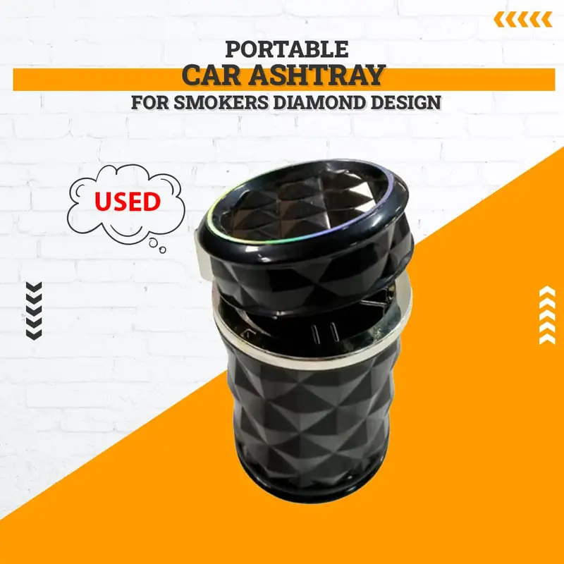 Used Portable Car Ashtray For Smokers Diamond Design Black Without Led 1