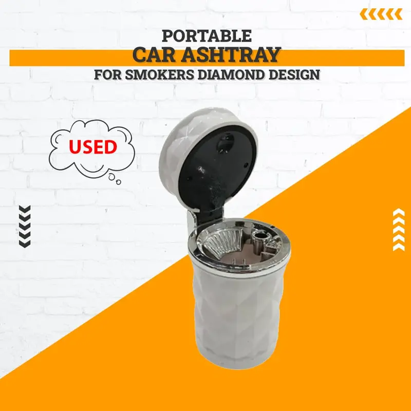 Used Portable Car Ashtray For Smokers Diamond Design Without Led White 1