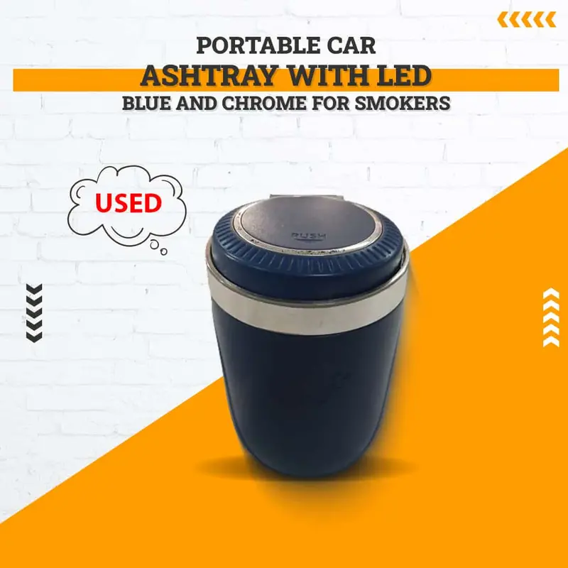 Used Portable Car Ashtray With Led Blue And Chrome For Smokers - Lock Damage 1