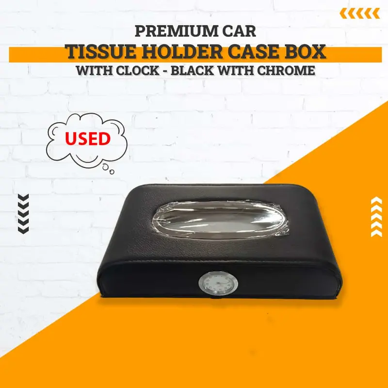 Used Premium Car Tissue Holder Case Box With Clock - Black With Chrome - Damage 1