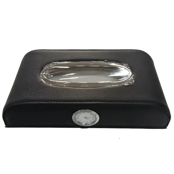 Used Premium Car Tissue Holder Case Box With Clock - Black With Chrome - Damage 2