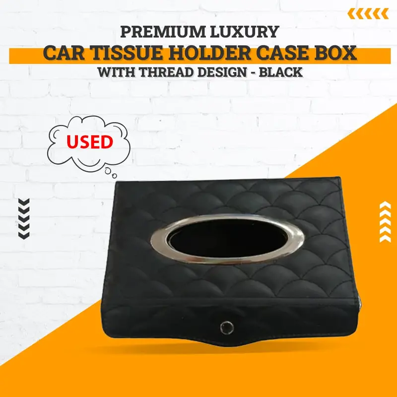 Used Premium Luxury Car Tissue Holder Case Box With Thread Design - Black  - (Lock Issue) 1