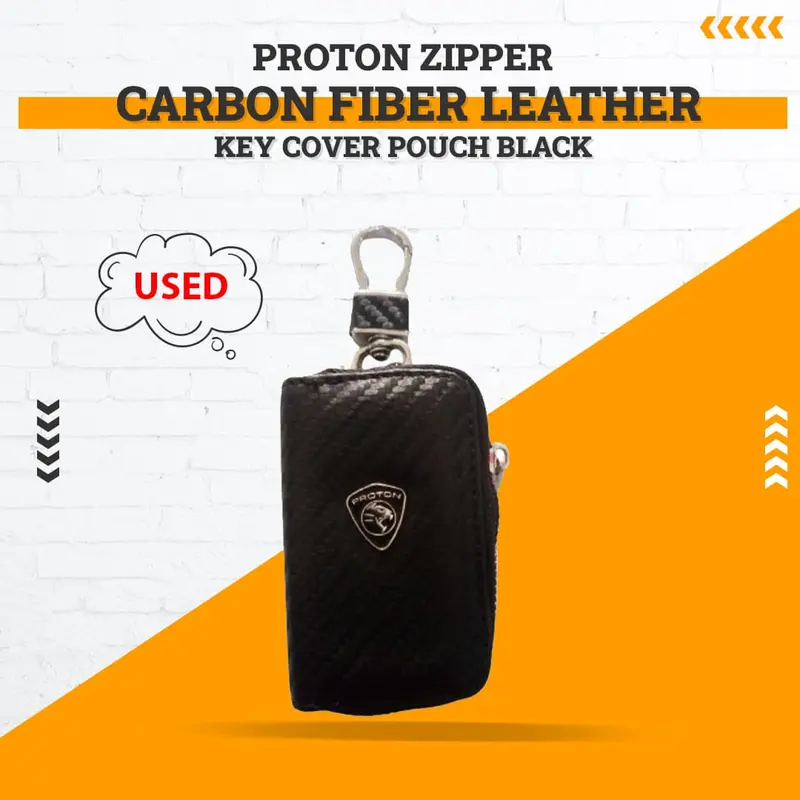 Used Proton Zipper Carbon Fiber Leather Key Cover Pouch Black - With Keychain Ring 1