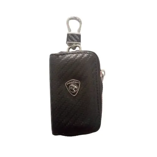 Used Proton Zipper Carbon Fiber Leather Key Cover Pouch Black - With Keychain Ring 2